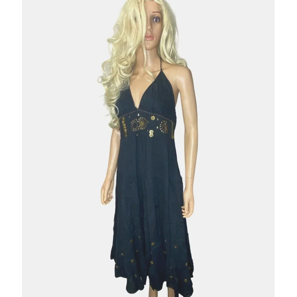 Vasna Women's Halter Cotton Midi Dress Black Boho Gold Coins Embellishments - Picture 1 of 15